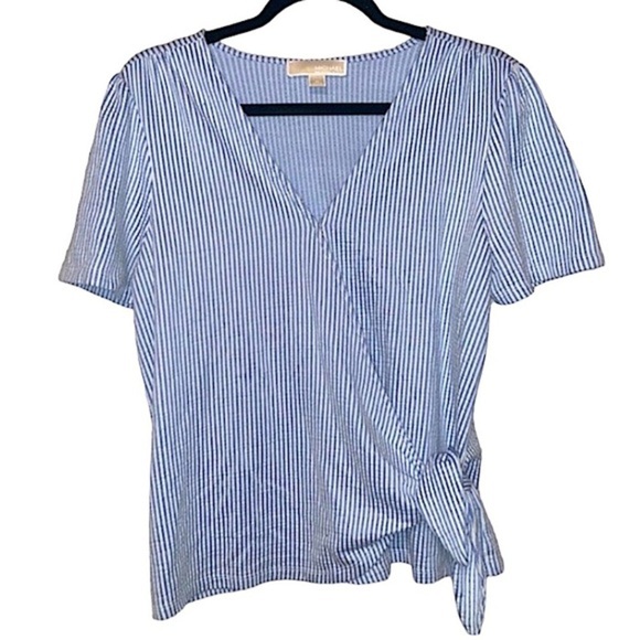 Michael Kors Wrap Top Ladies Size Medium Blue and White Short Sleeve V Neck Top - Picture 2 of 9